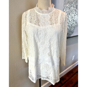 Cable & Gauge Women Lace Blouse Top Large Ruffle Mock Neck Ivory Soft Lining NEW
